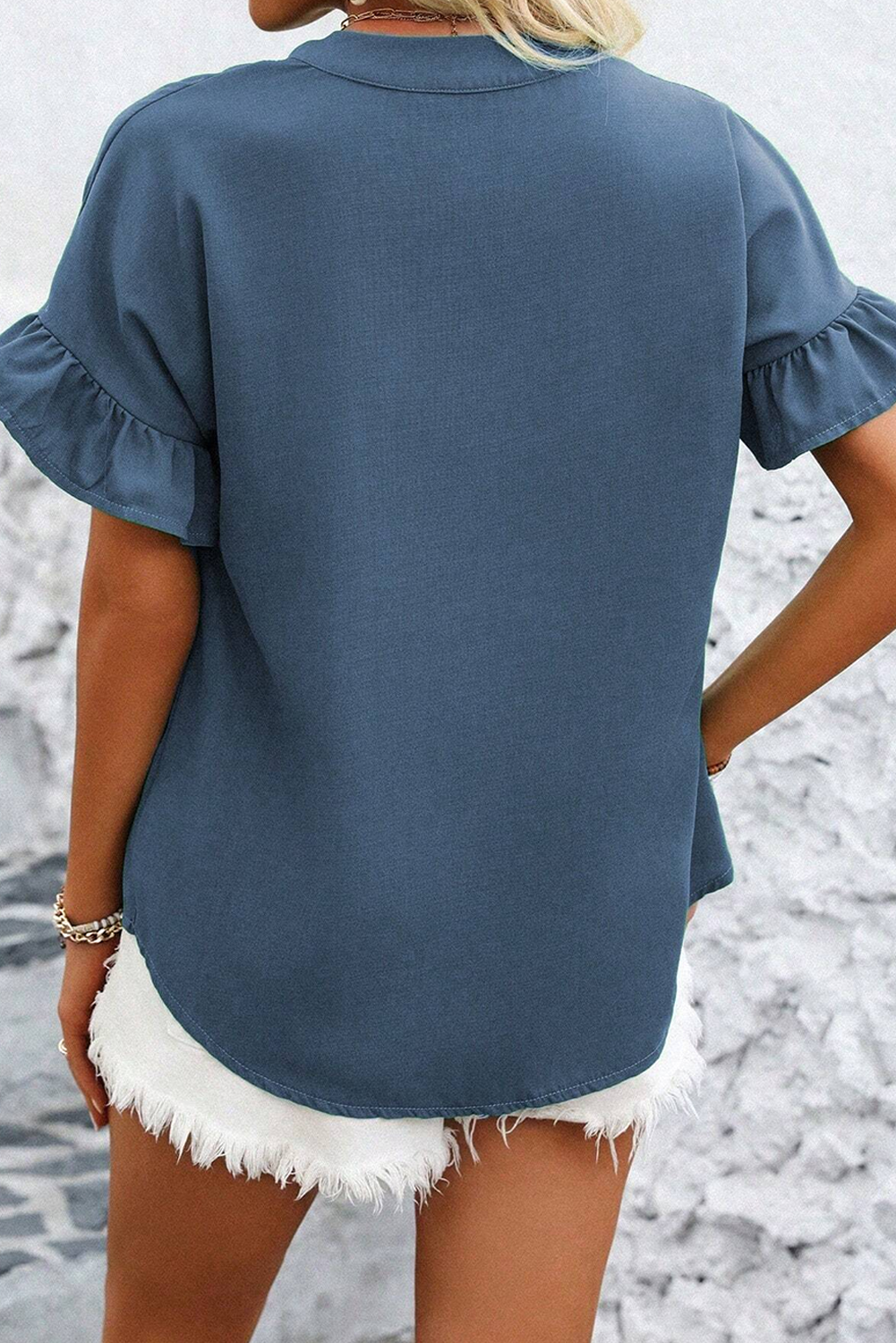 Solid Ruffle Sleeve Buttoned Top