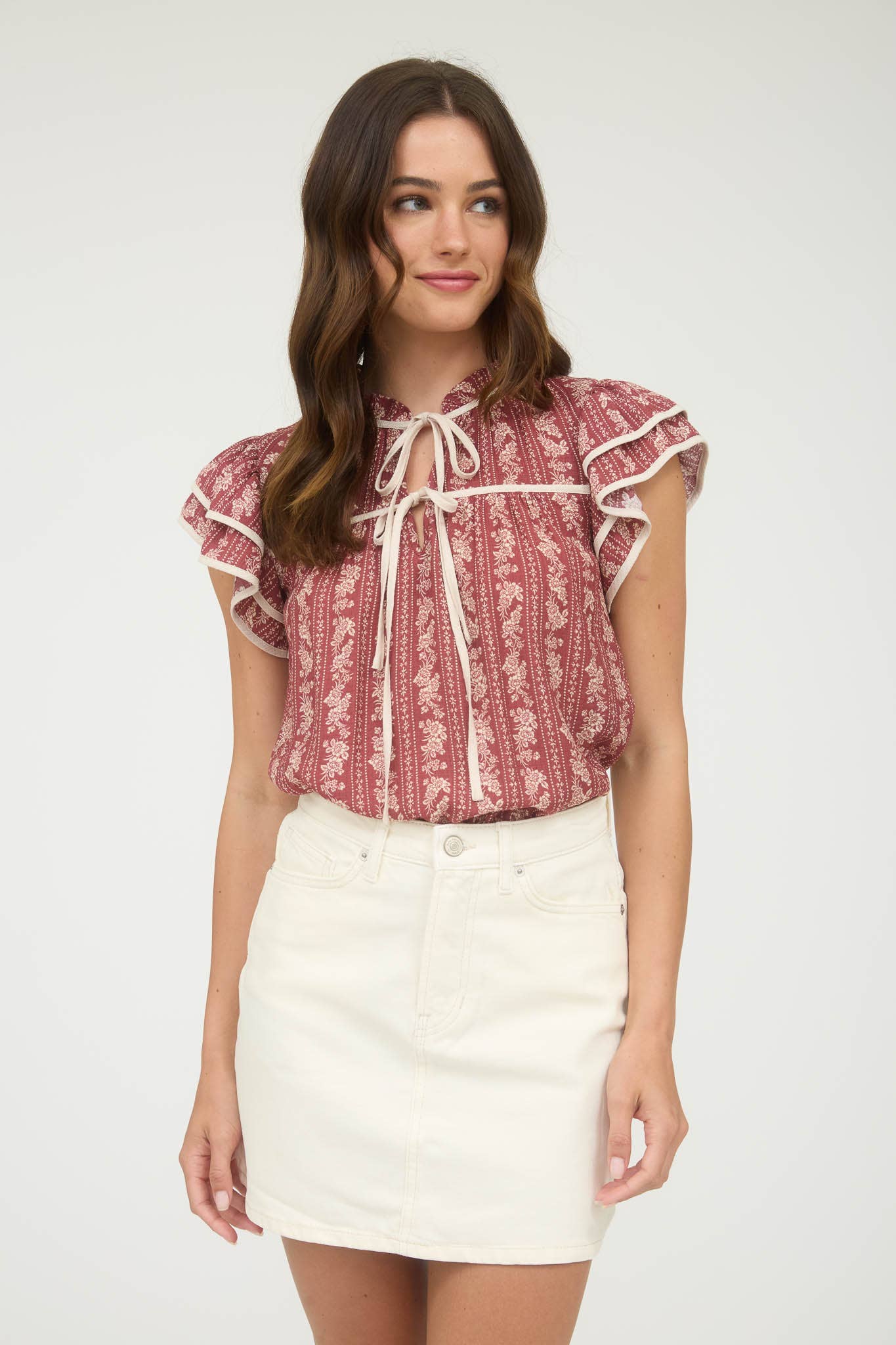 Stripe Floral Pattern Ruffle Top