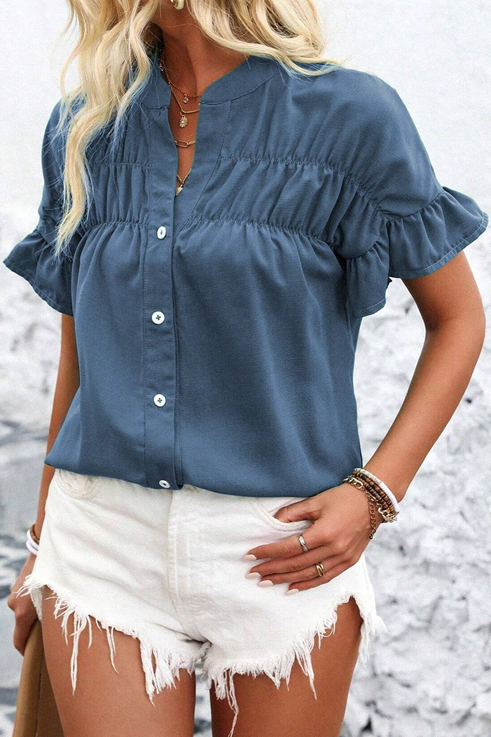 Solid Ruffle Sleeve Buttoned Top