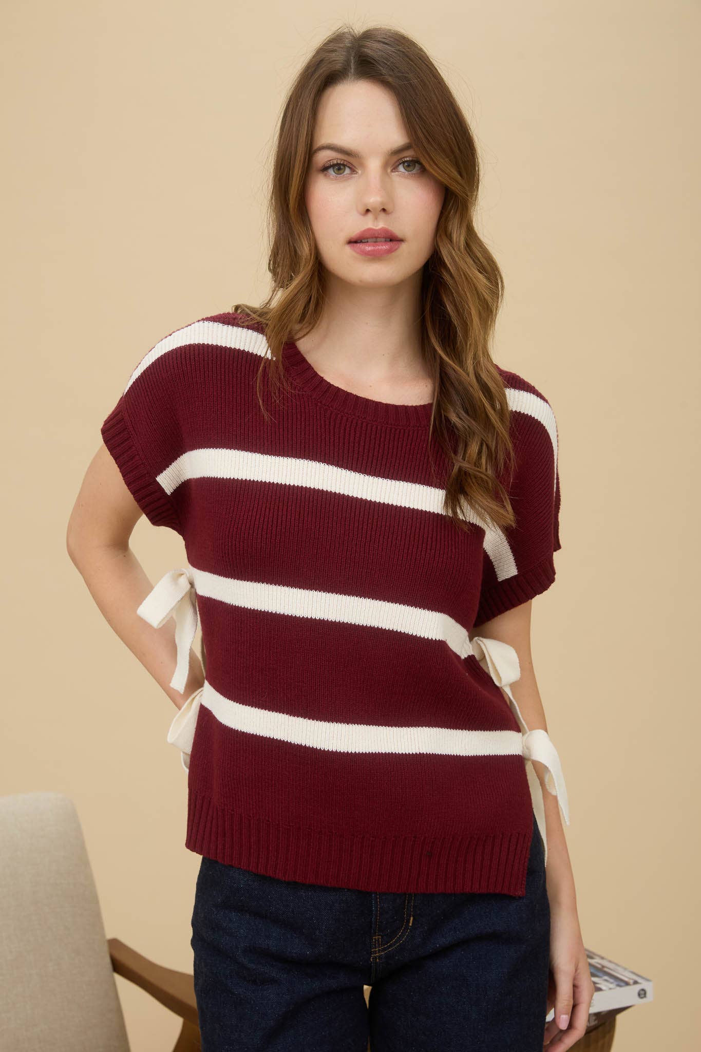 Side Bow Striped Knit Sweater