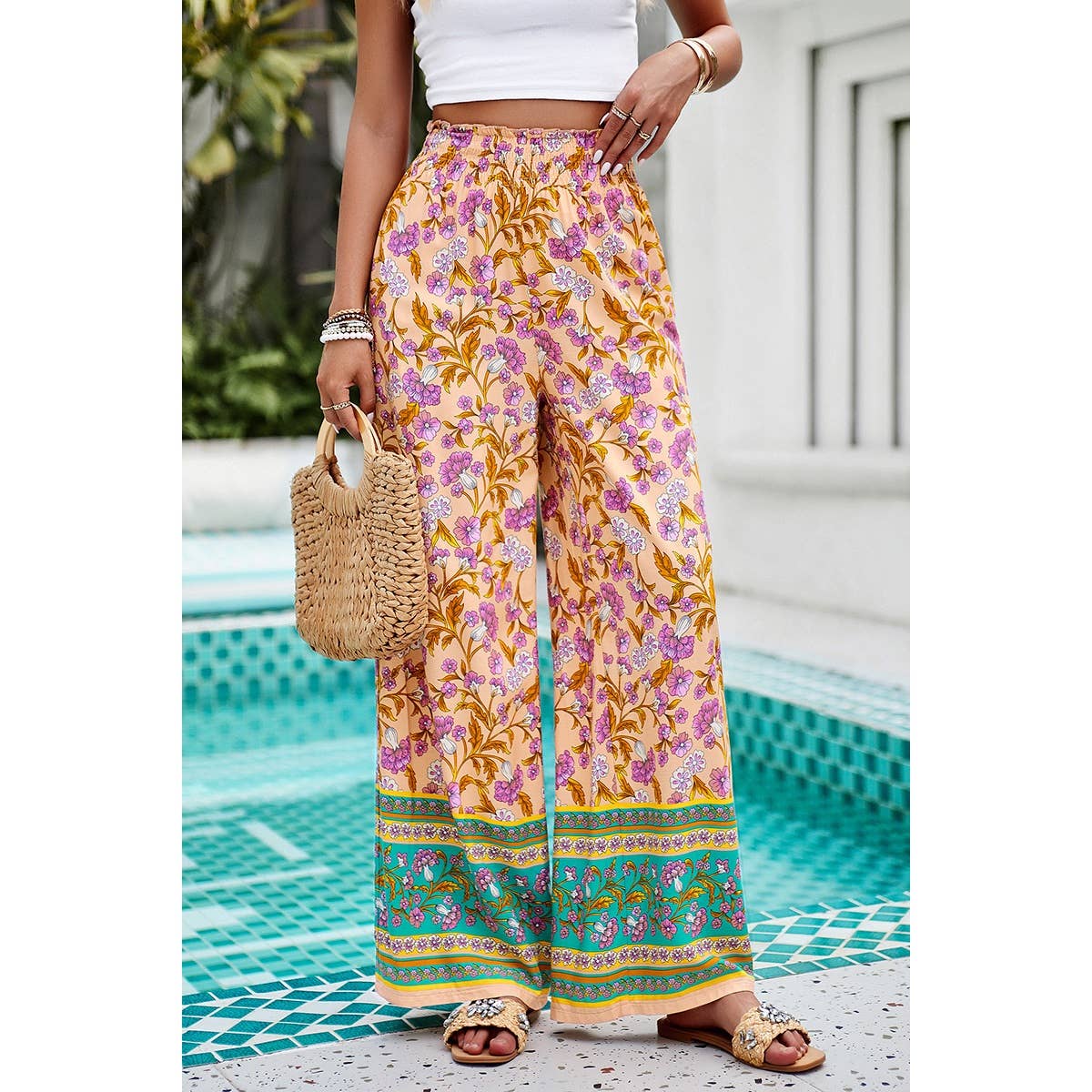 Floral Printed Loose High Waist Wide Leg Pant