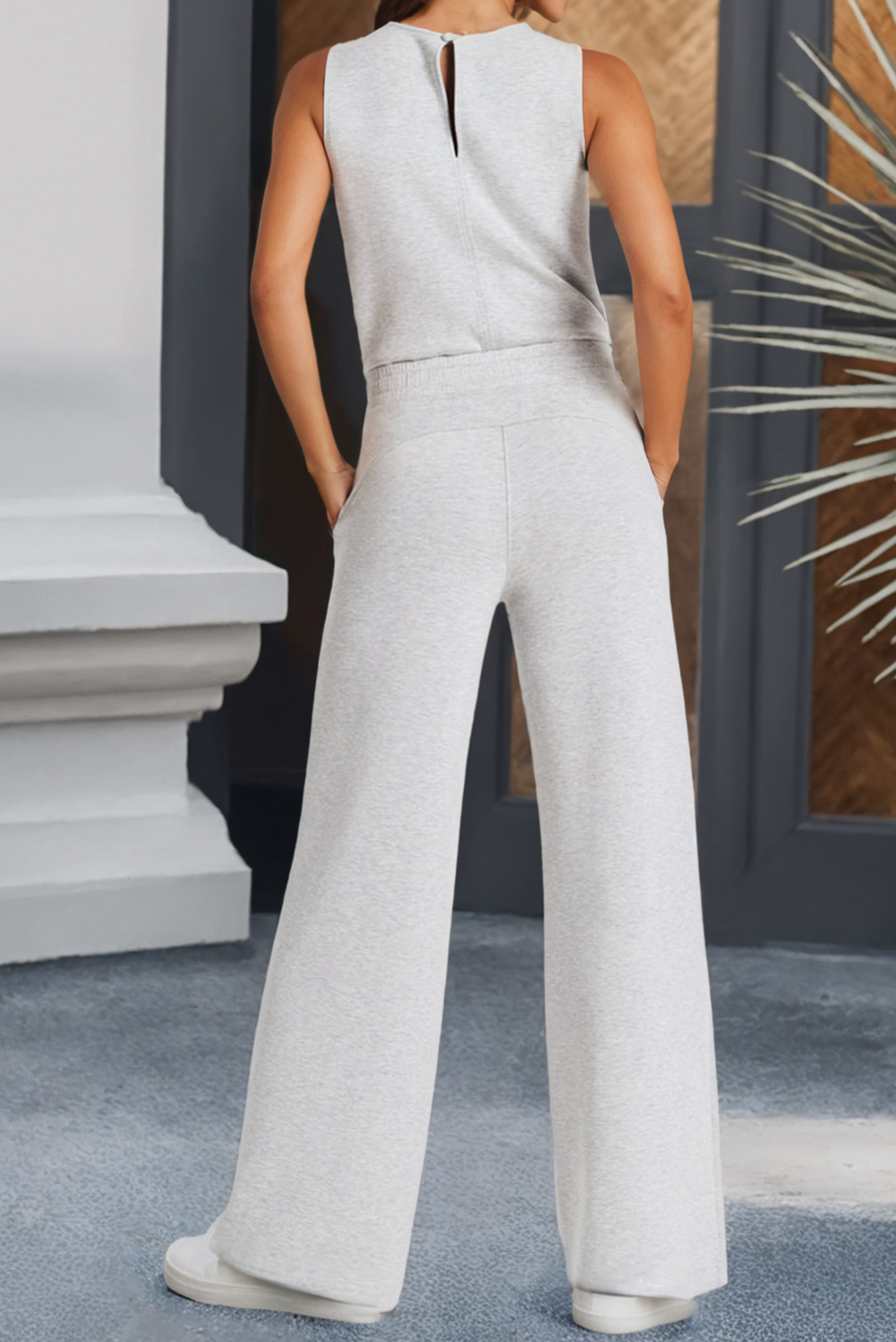 Crew Neck Drawstring High Waist Jumpsuit