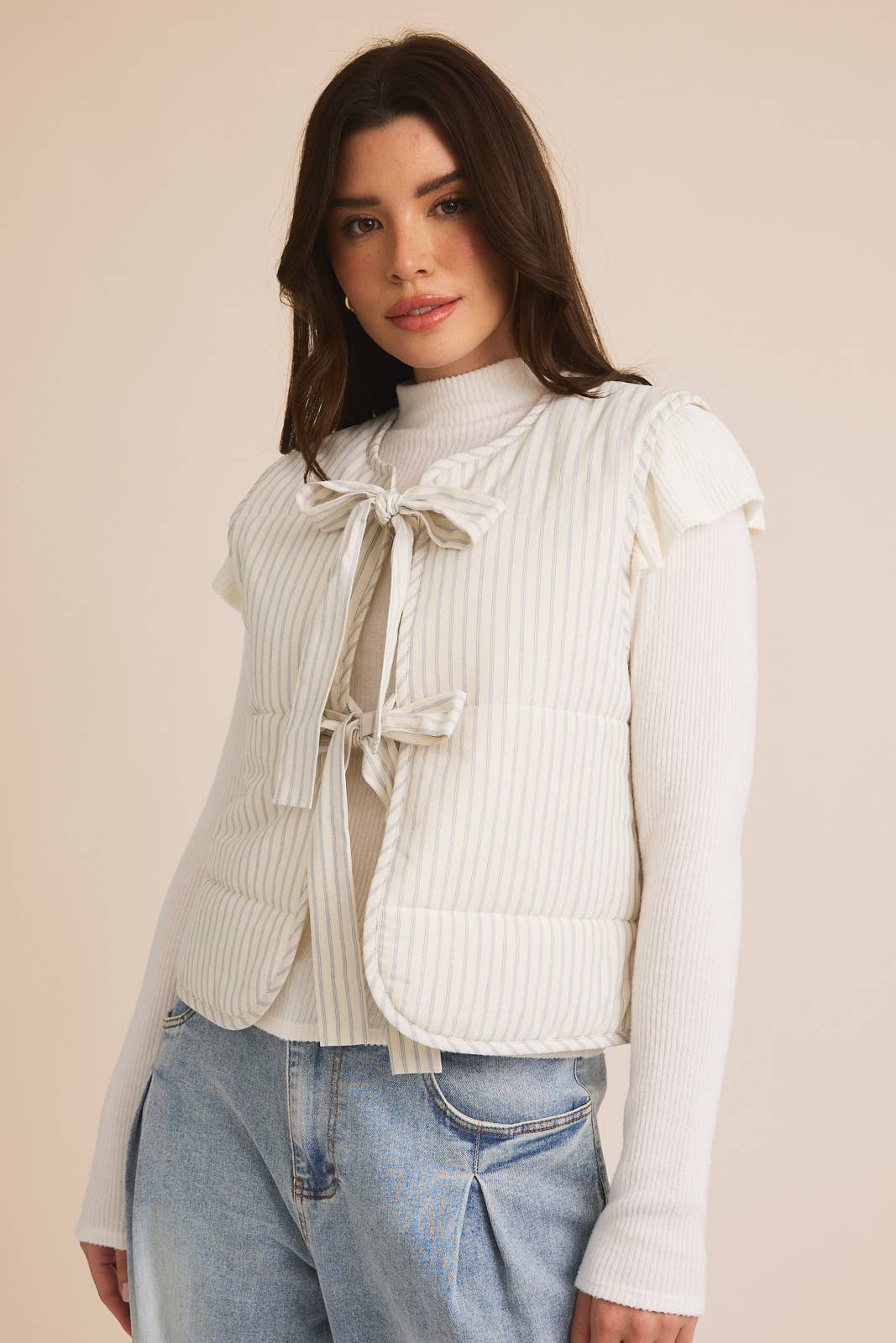 Front Bow Tie Striped Puffer Vest