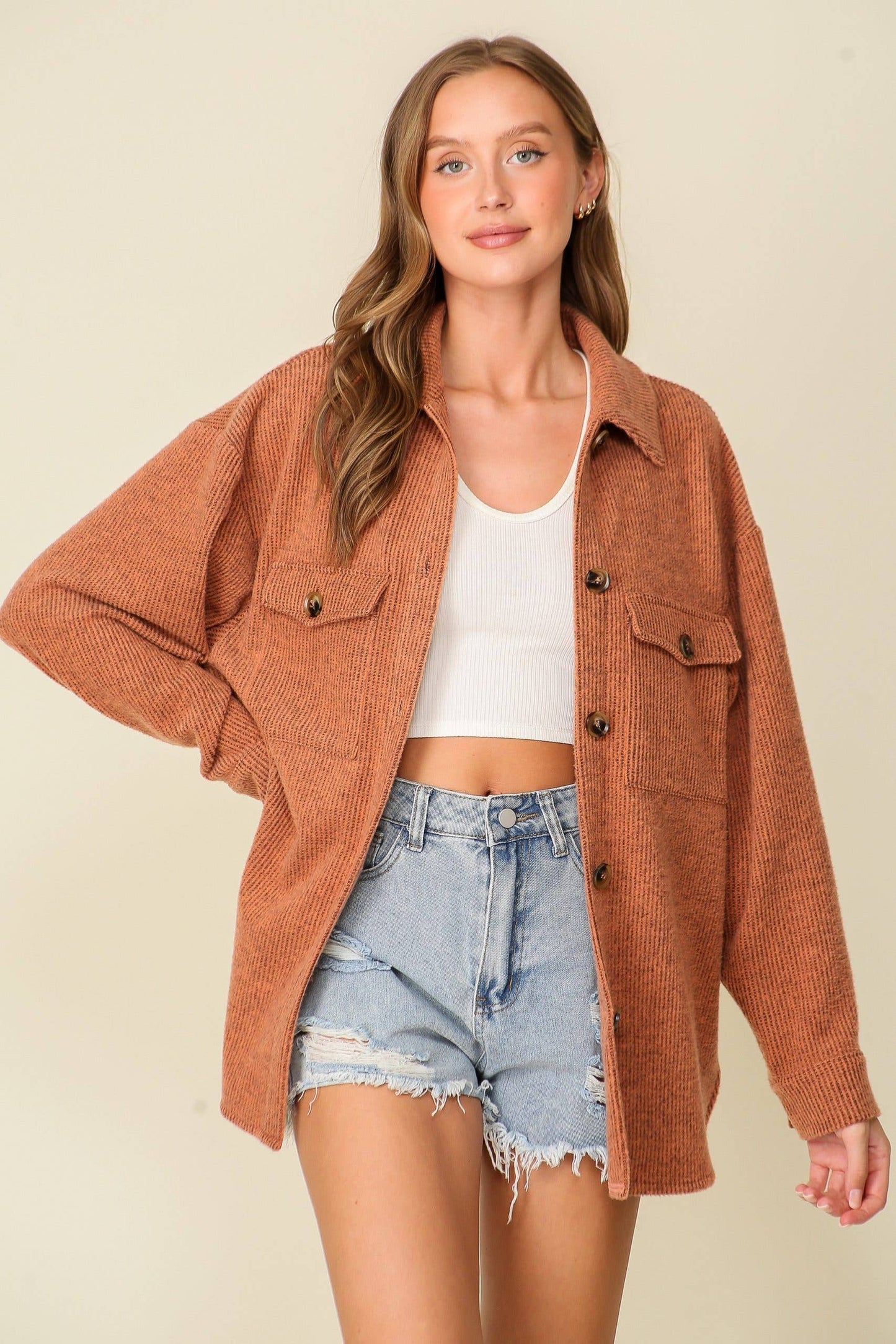 Long Sleeve Button Down Brushed Waffle Shacket