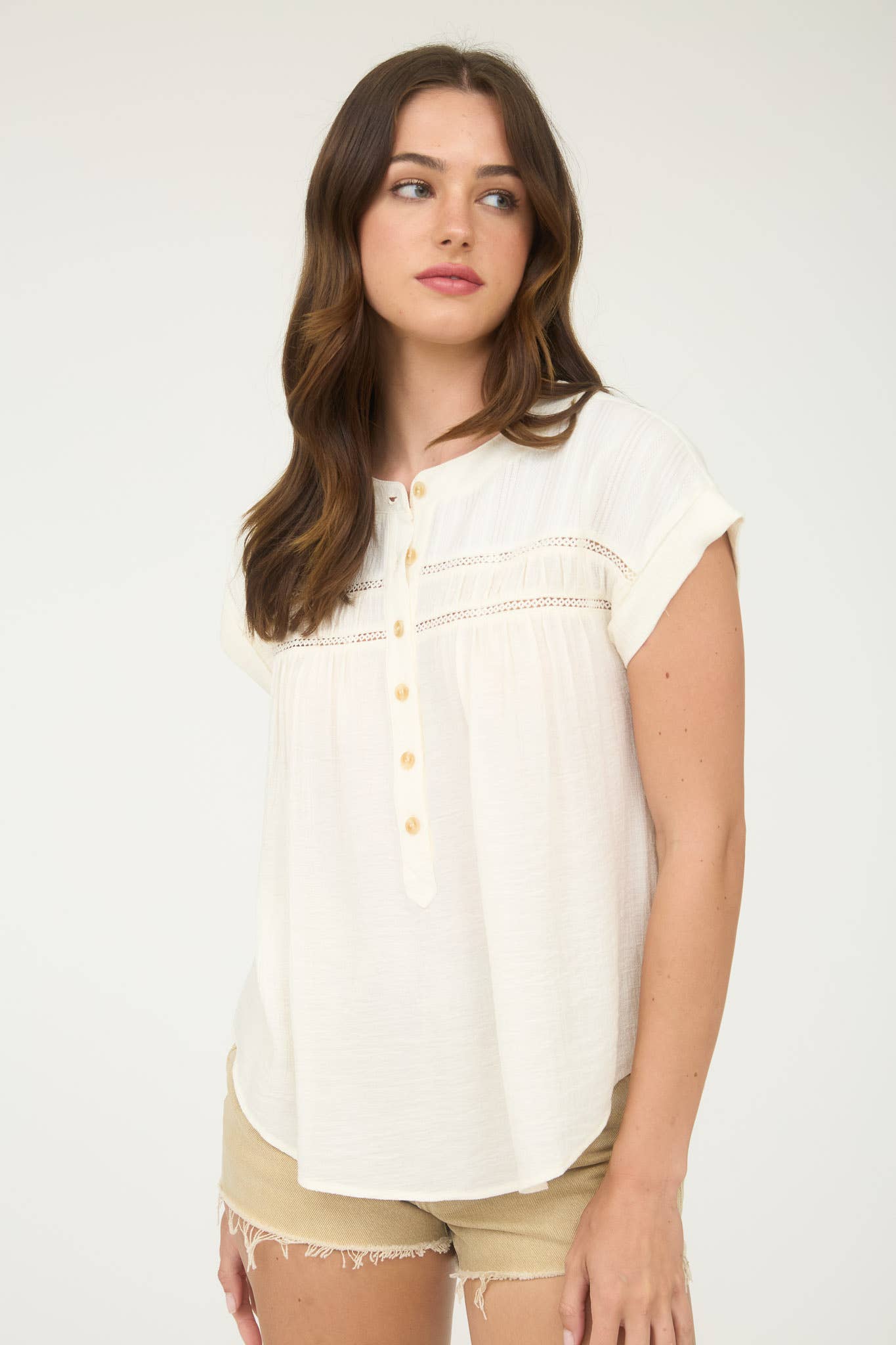 Eyelet Trim Half Button Top
