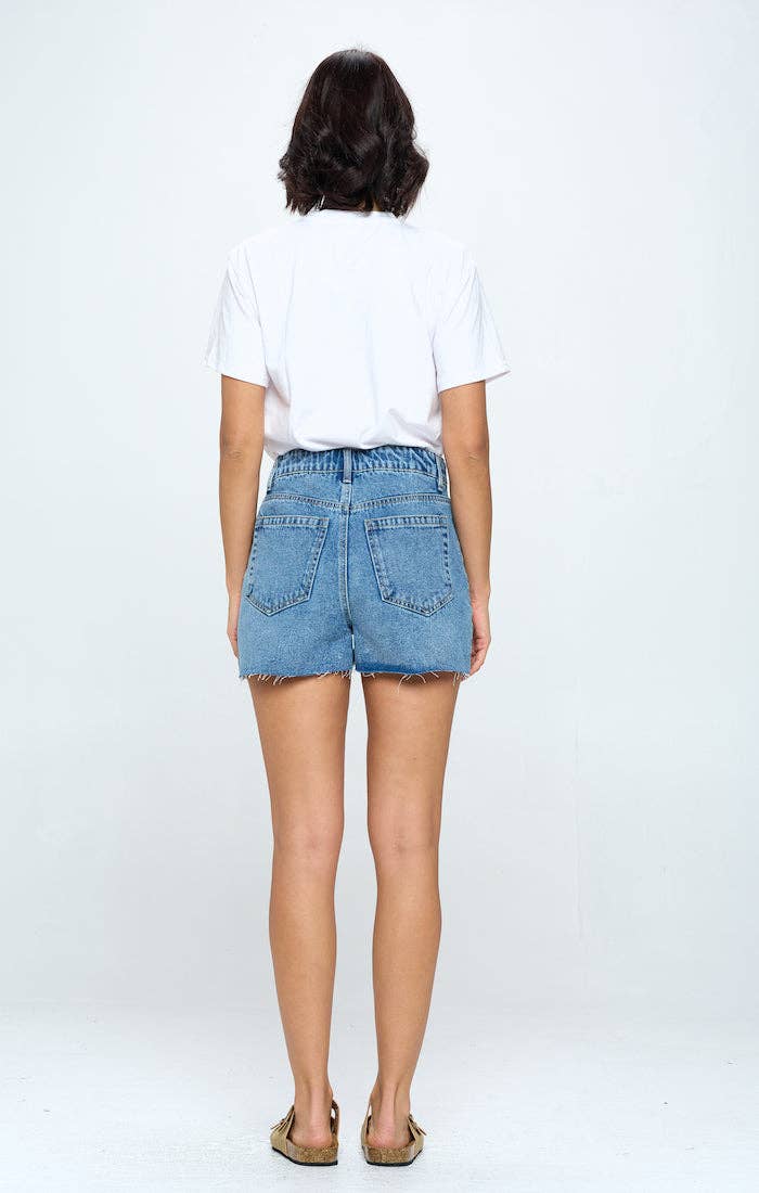 Medium Wash Stretch High Rise Frey Denim Shorts
