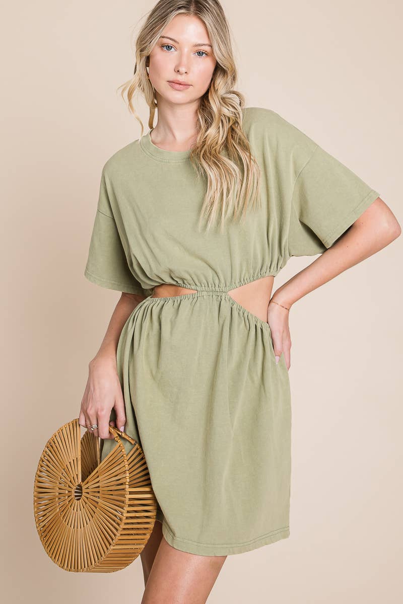 ACID WASHED T-SHIRT DRESS WITH CUTOUTS