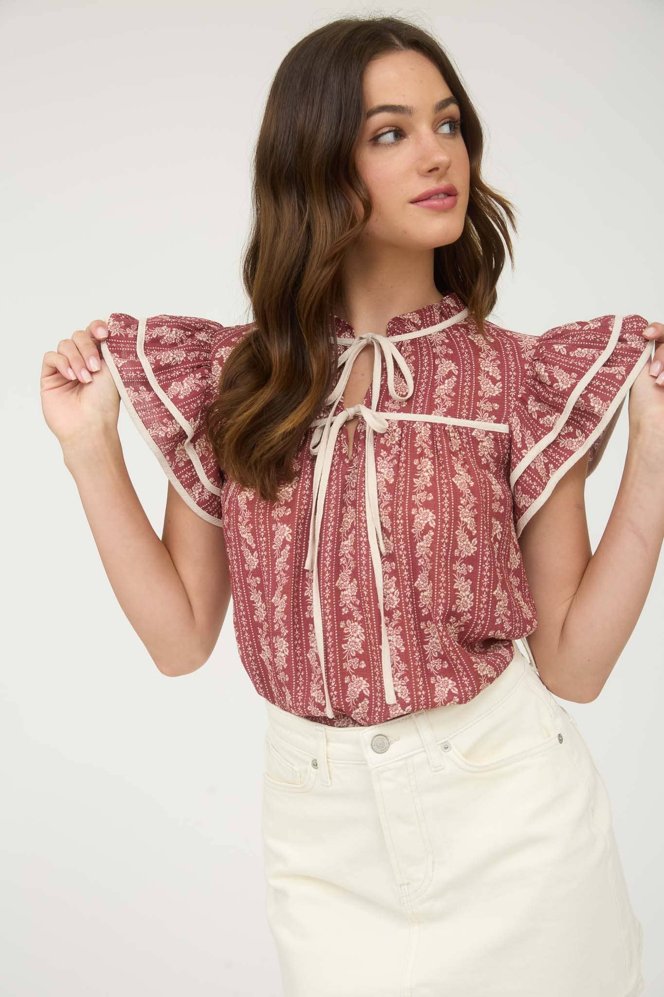 Stripe Floral Pattern Ruffle Top