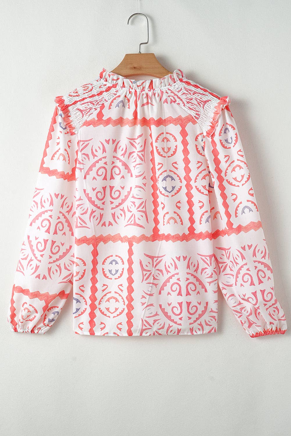 Geometric Floral Smocked V-Neck Top