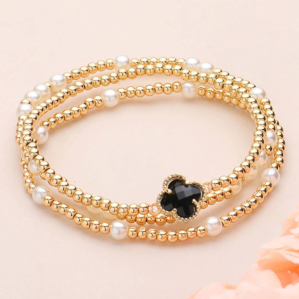 3pc. Gold Pearl Bead Stretch Multi Layered Bracelets