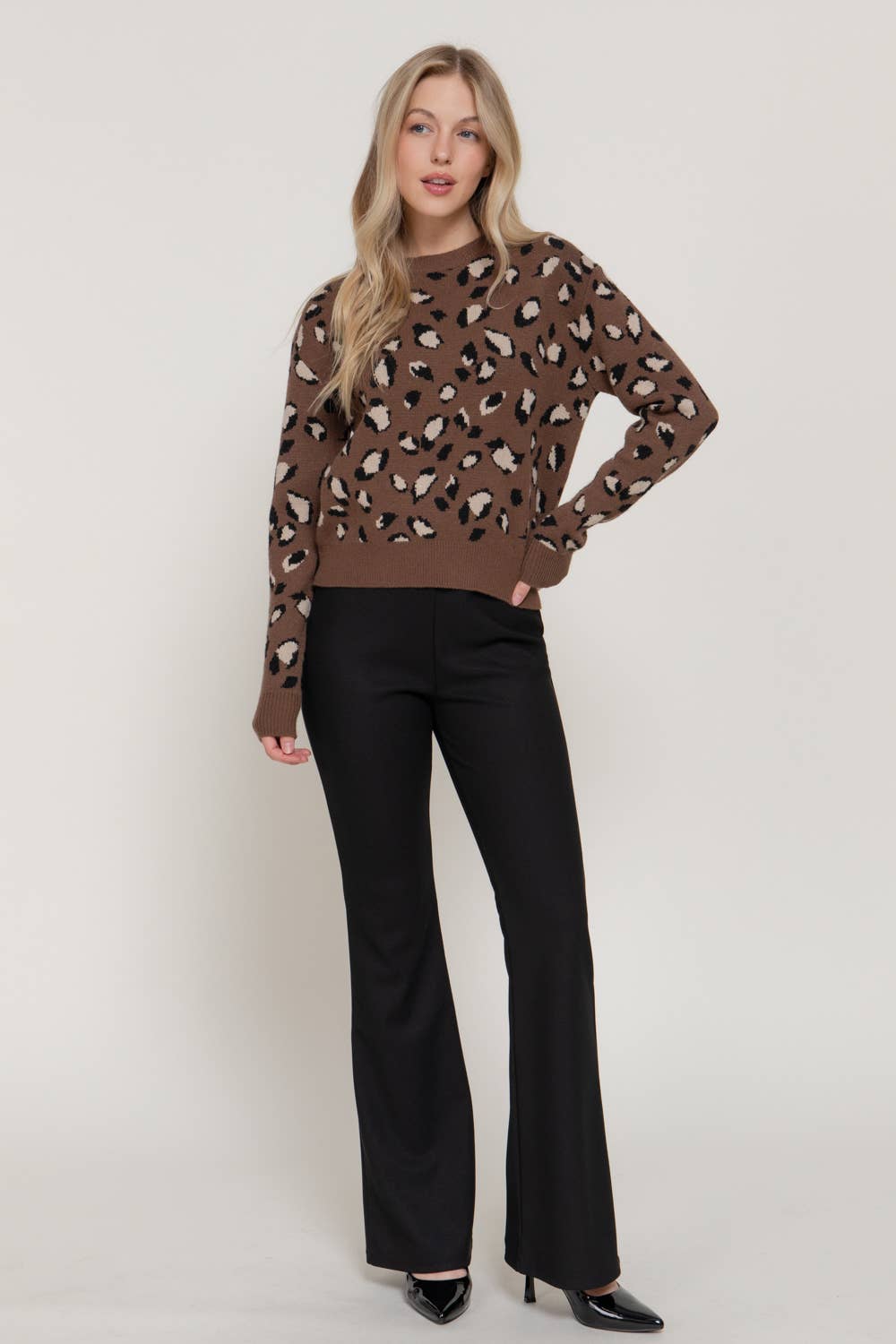 Brown Crew Neck Animal Jacquard Sweater