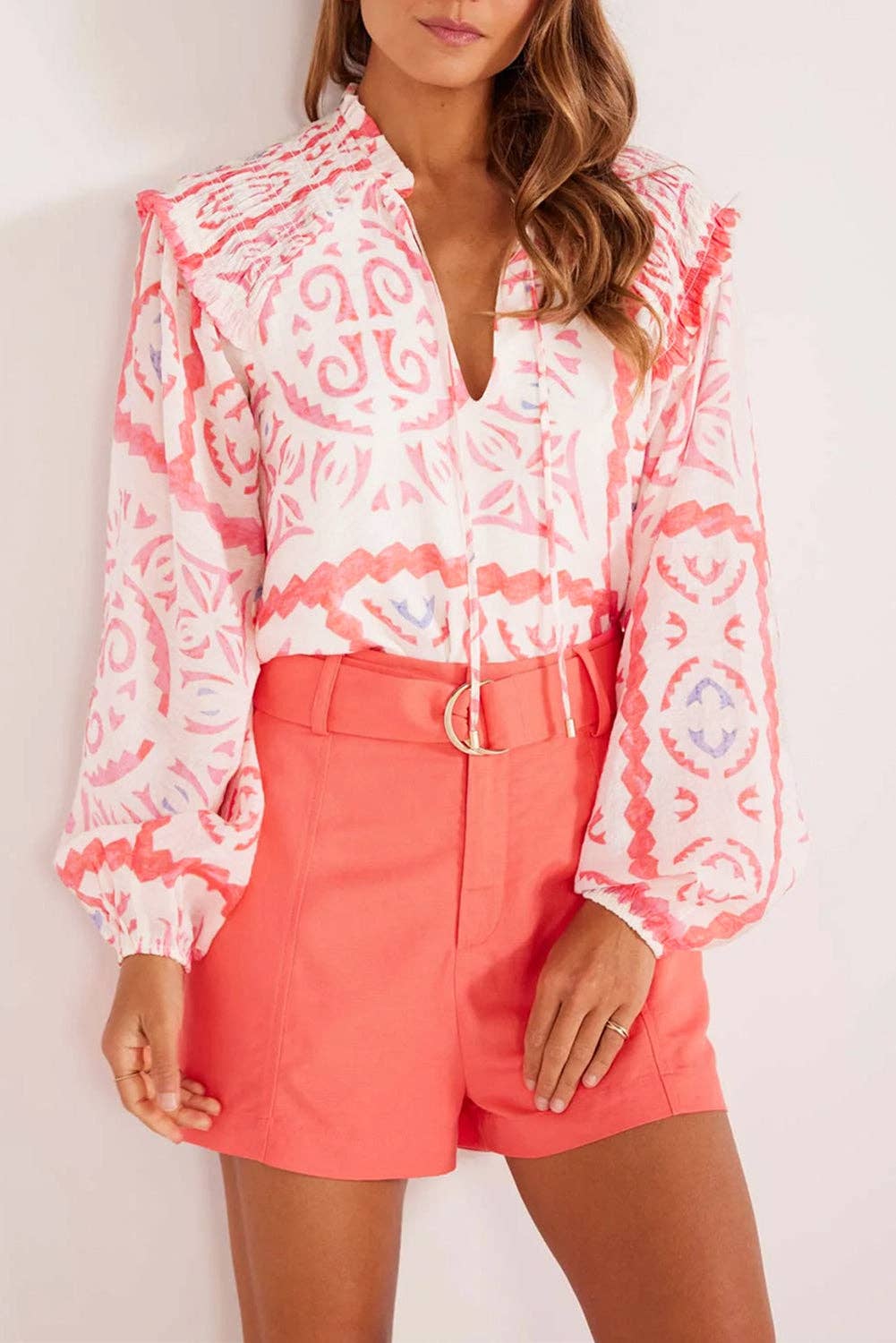 Geometric Floral Smocked V-Neck Top