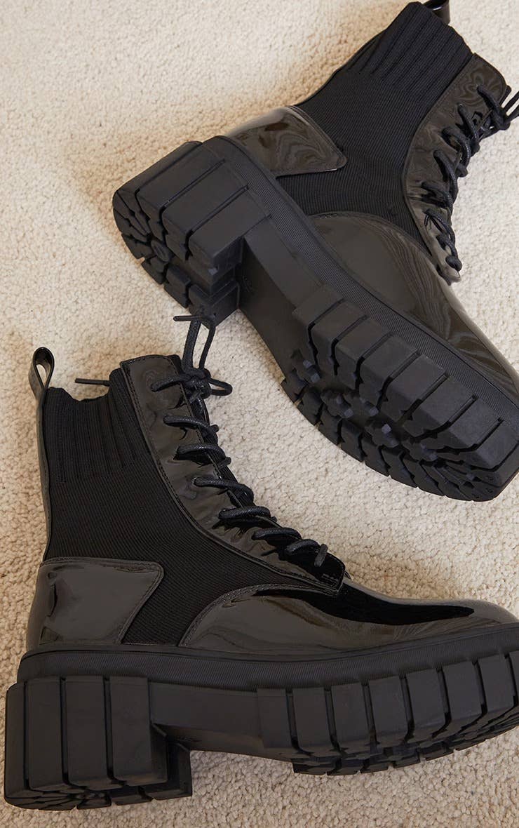 Black Patent Knitted Panel Cleated Platform Ankle Boots