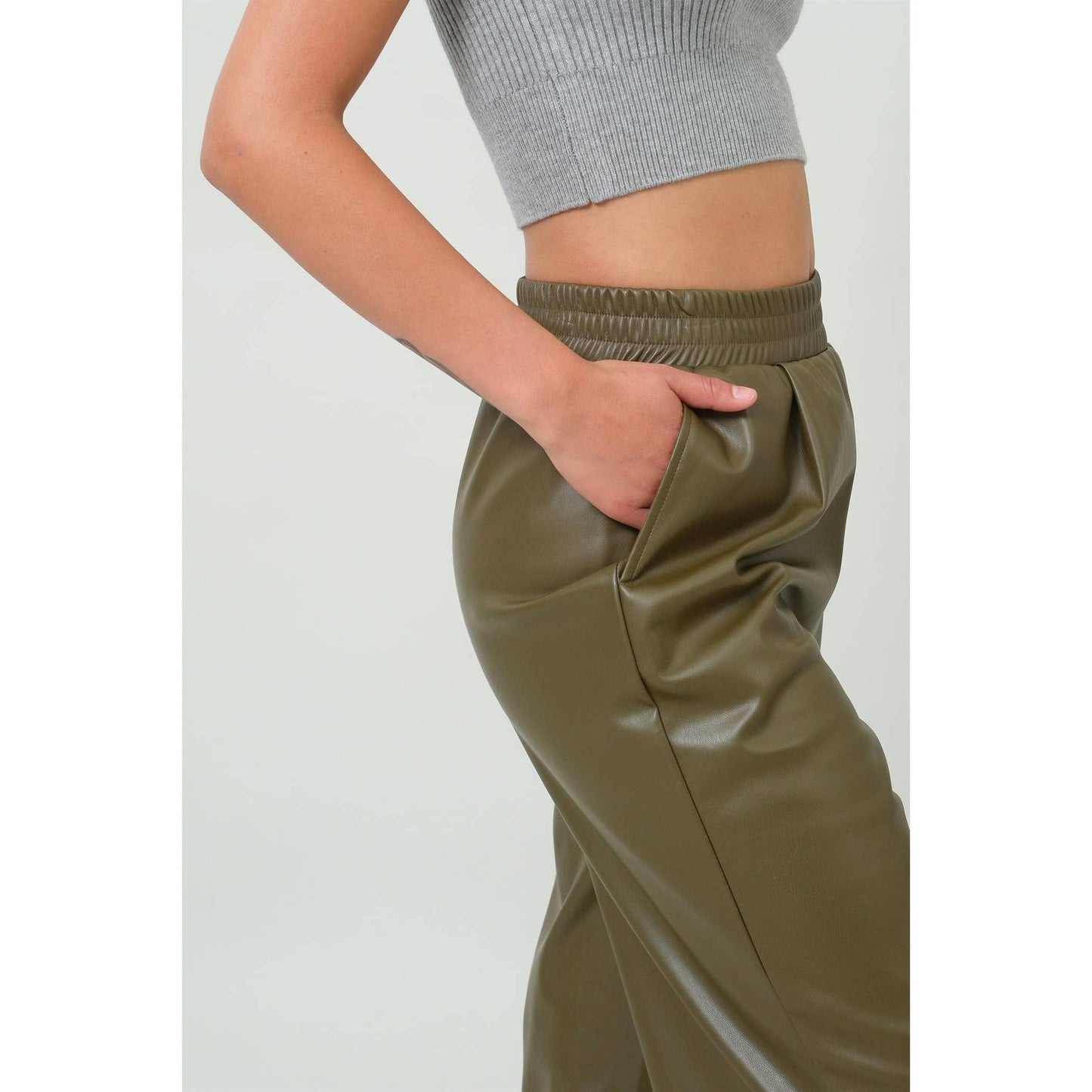 Olive Leather High Waist Pants