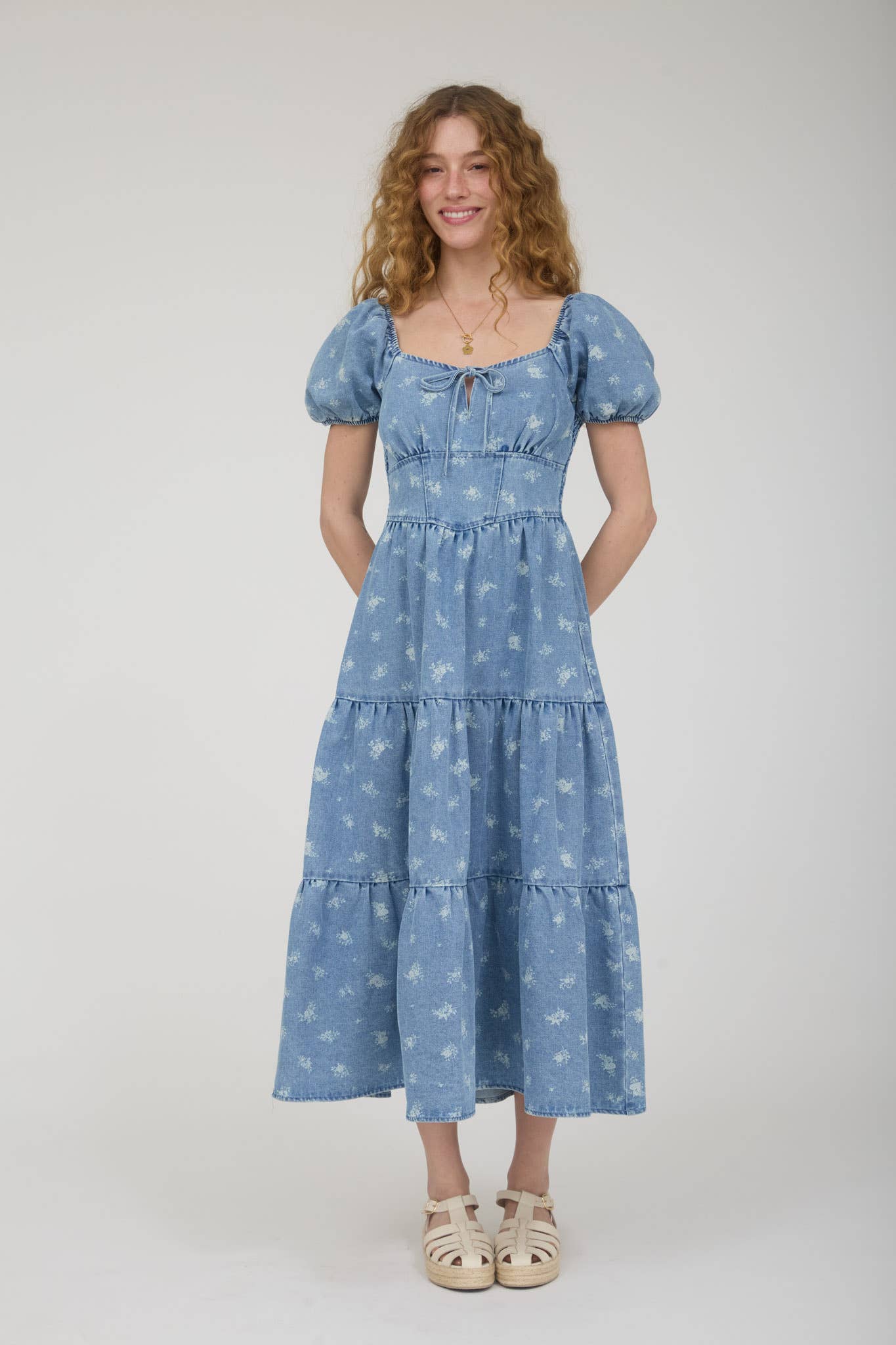 Floral Washed Denim Corset Tiered Dress