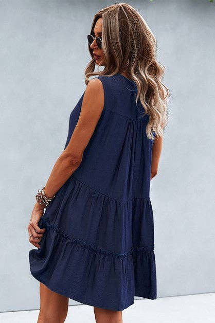 Solid V-Neck Flat Collar Tiered Shift Dress