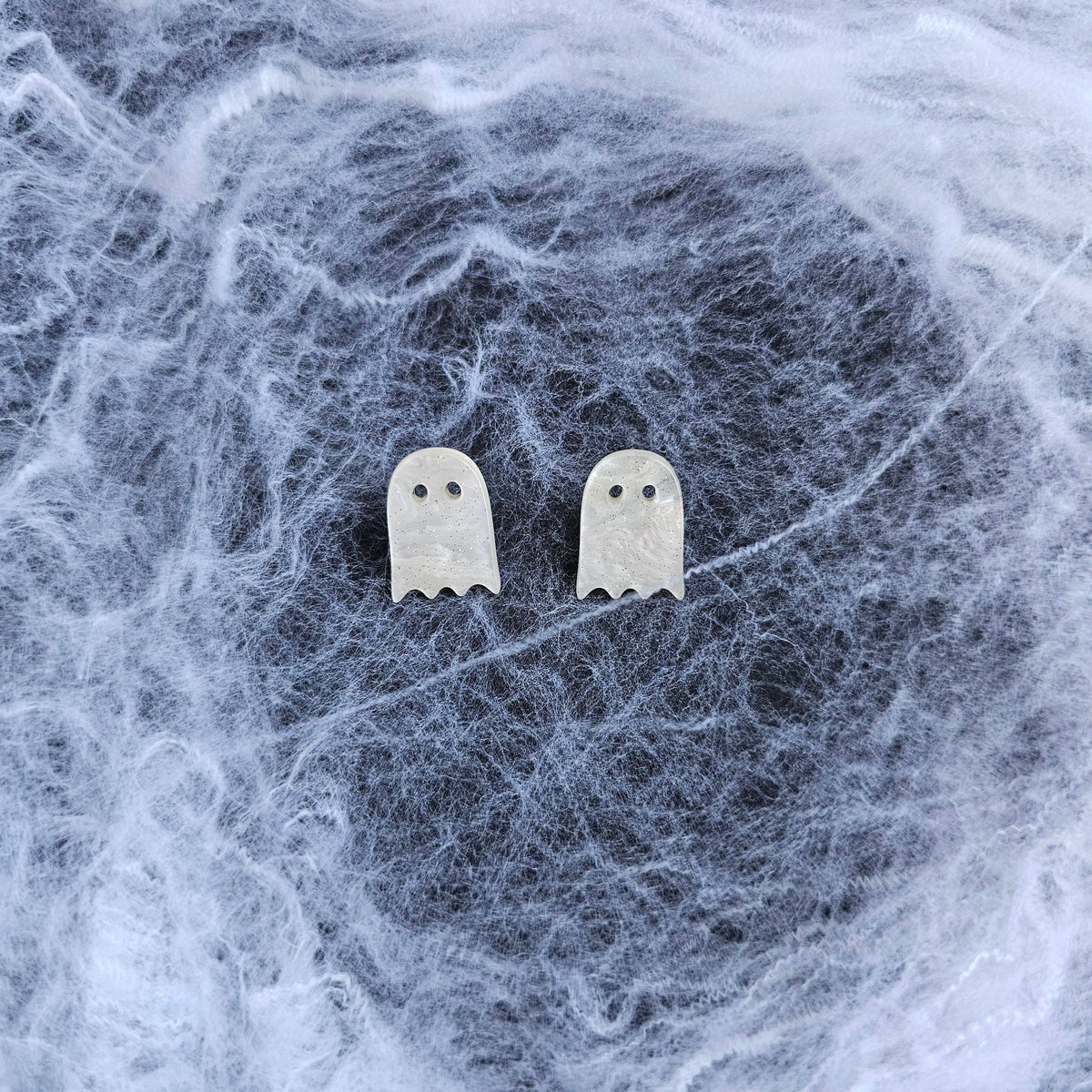 White Shimmer Ghost Stud Earrings