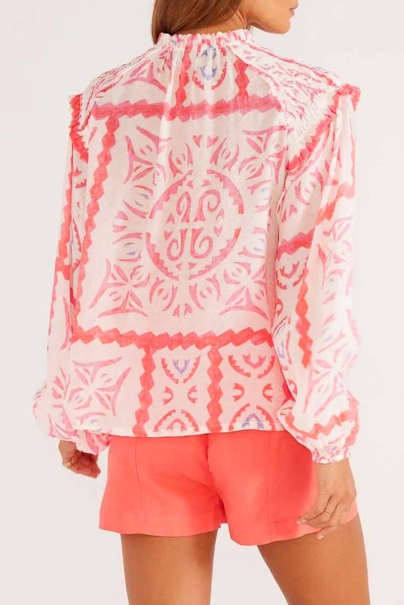 Geometric Floral Smocked V-Neck Top