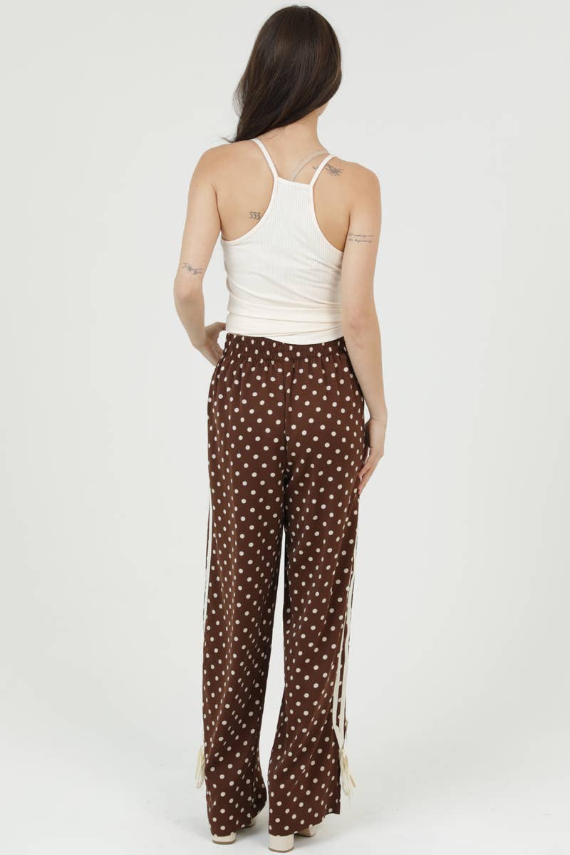 XPA47-DOT POLKA DOT PRINT WIDE LEG PANTS WITH SIDE TAPE TIES