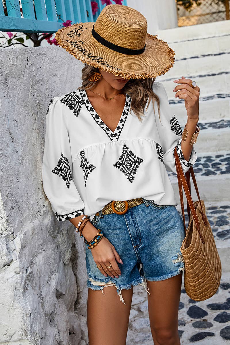 Printed V-Neck Loose Puff Sleeve Top