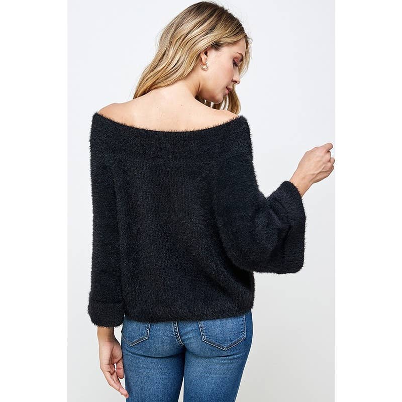 Off Shoulder Wide Sleeve Furry Sweater