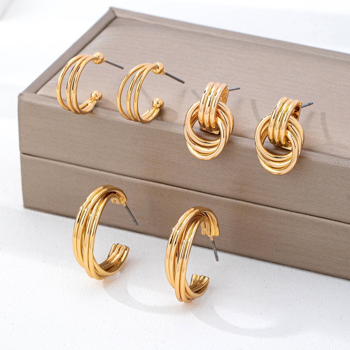 Gold Multi-Line Hoop Earring Set