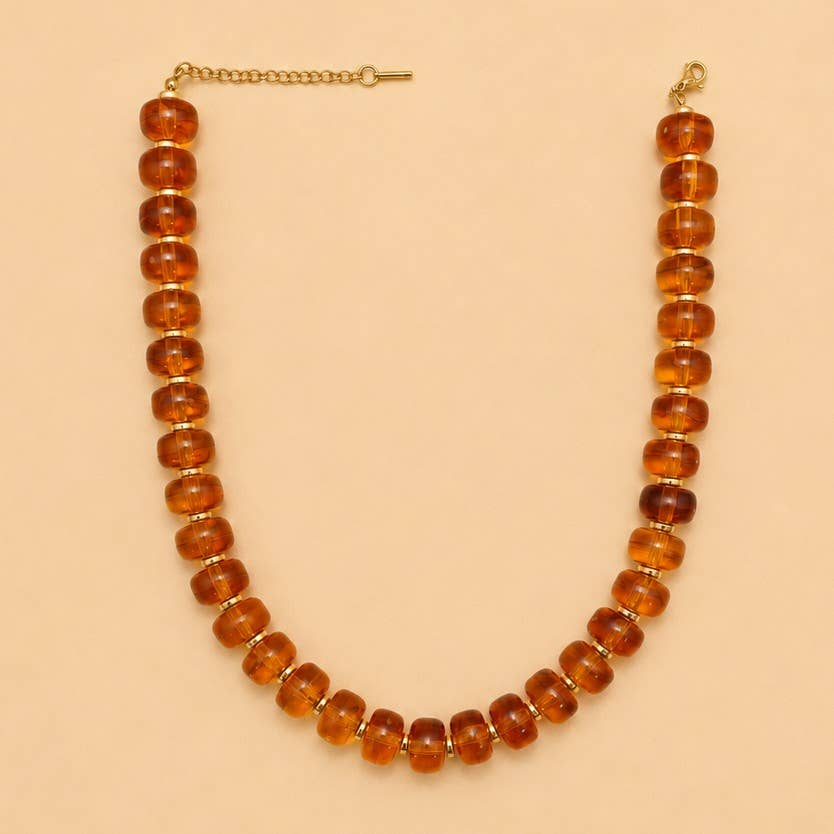 Chunky Amber-Tone Barrel Bead Necklace