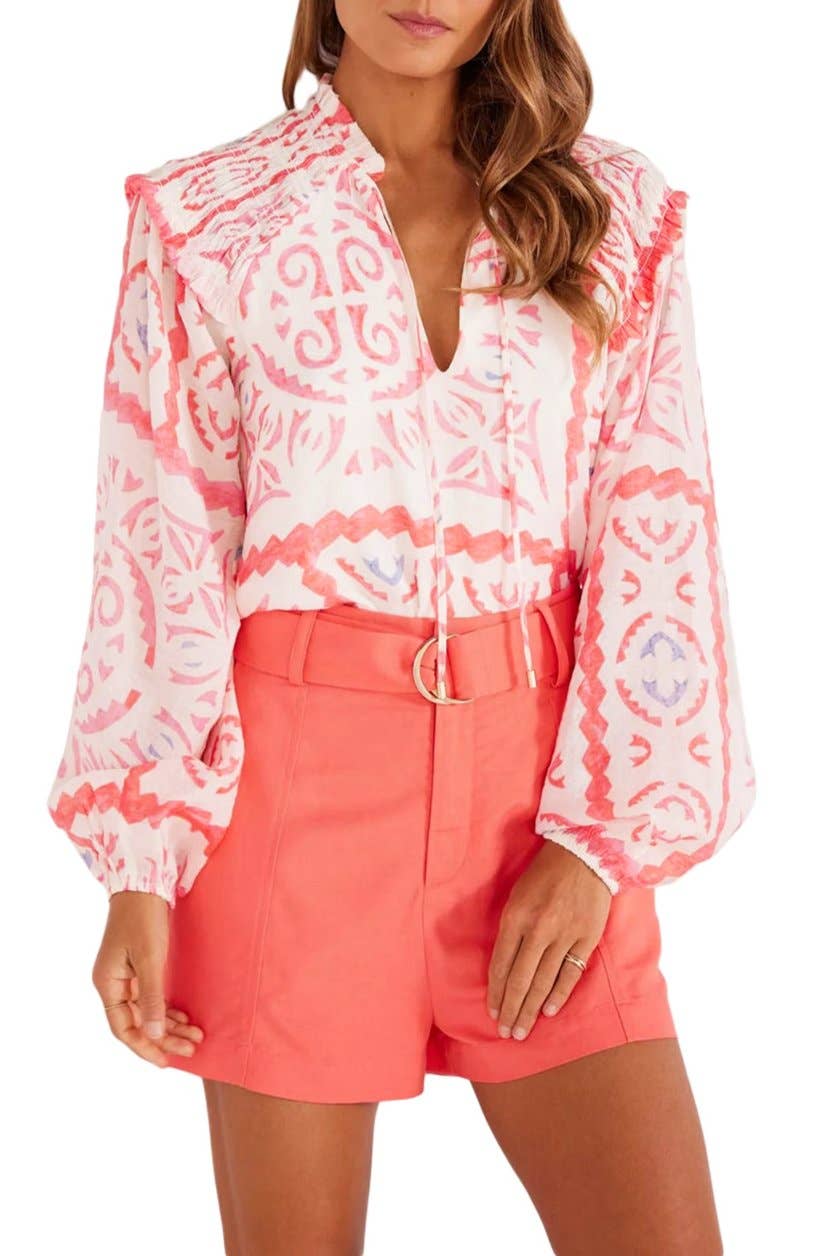 Geometric Floral Smocked V-Neck Top