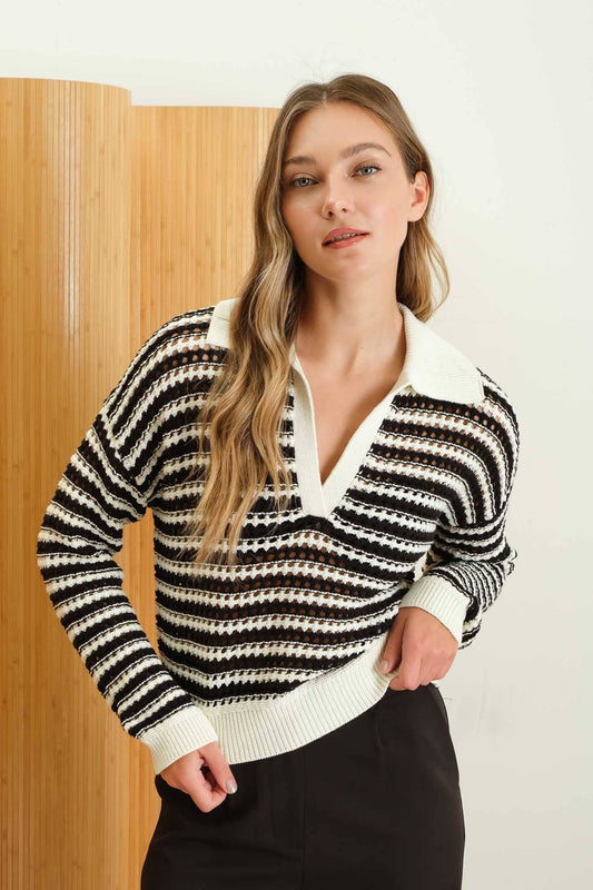 Striped Collared Long Sleeve Crochet Sweater