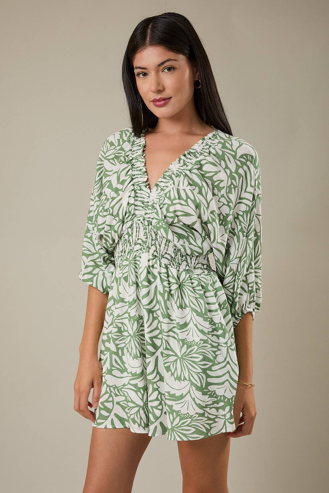 V-Neck Kimono Sleeve Floral Leaf Romper