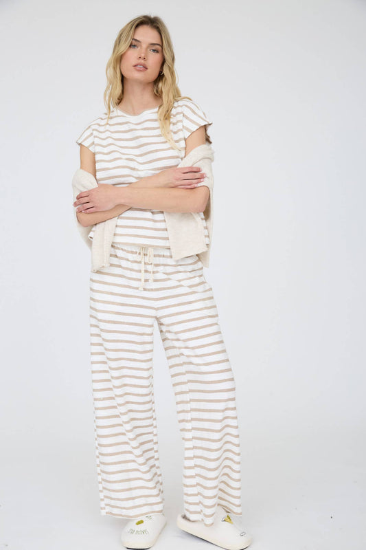 Khaki Stripe Round Neck Top & Pant Set