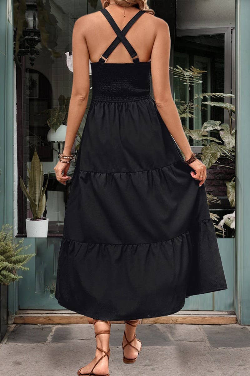 V-NECK SUSPENDER HIGH WAIST DRESS