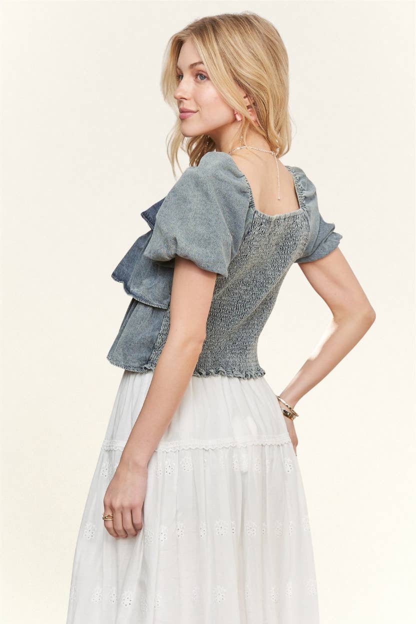Washed Denim Tiered Ruffle Top