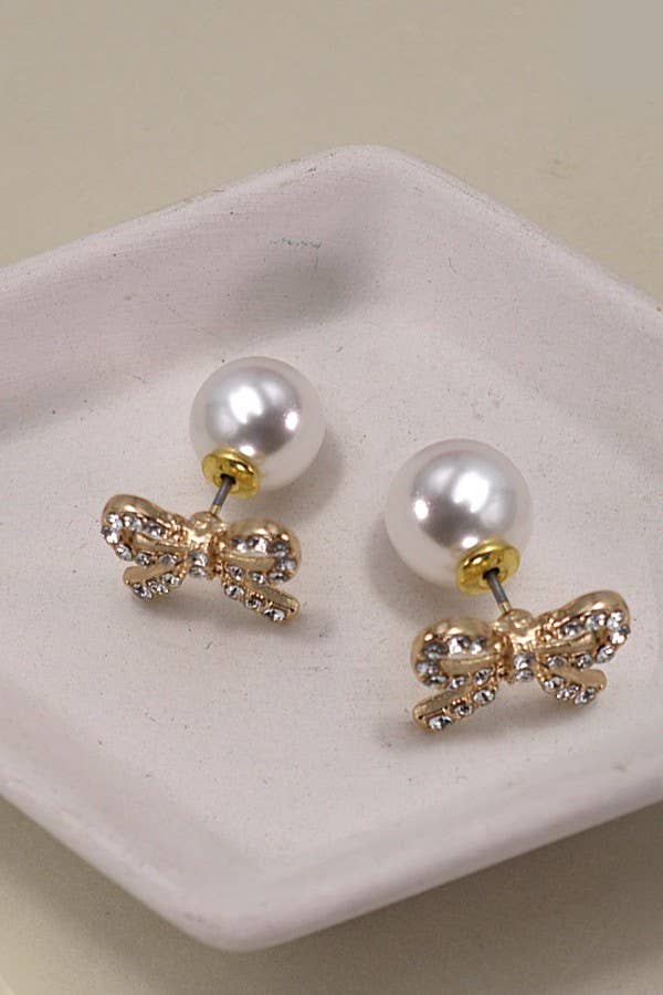 Double Rhinestone Bow Pearl Earrings