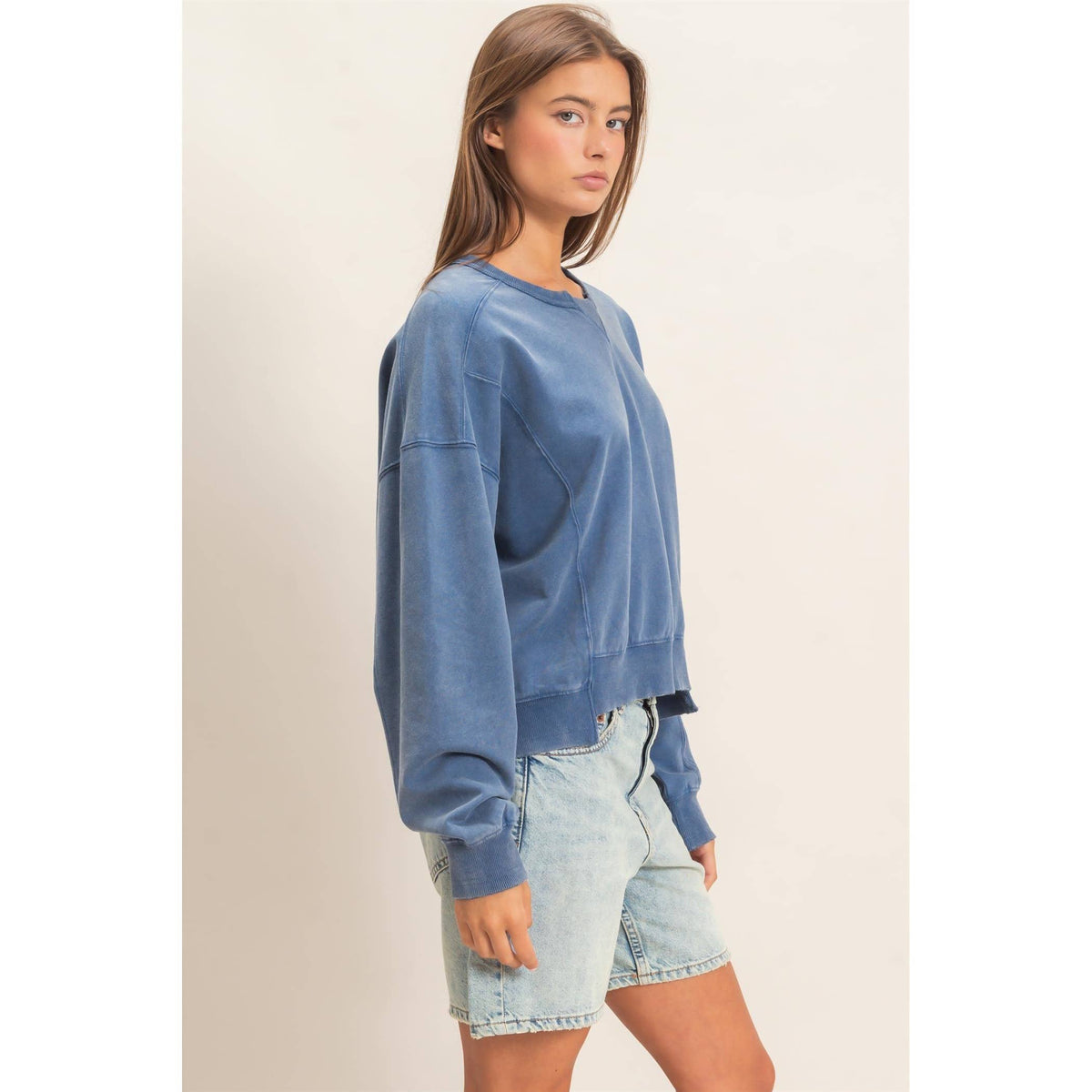 Navy Acid Washed Seam Crewneck  Sweatshirt
