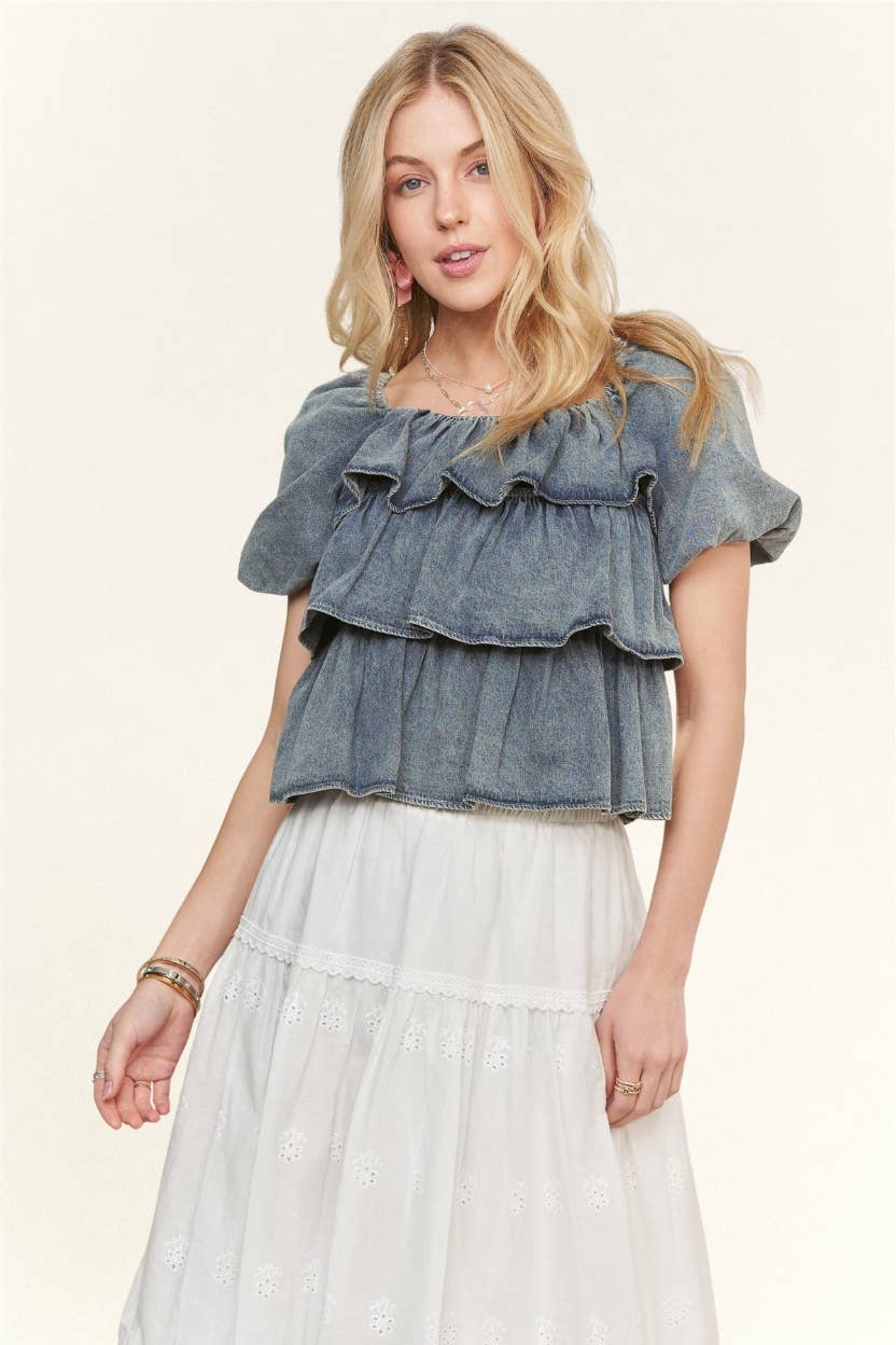 Washed Denim Tiered Ruffle Top