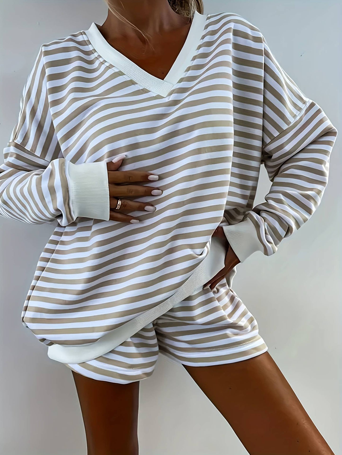 Striped Long Sleeved V-Neck Top & Shorts Set