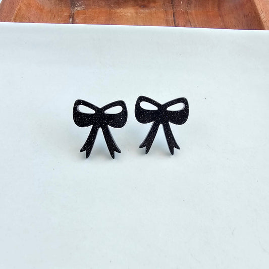 Black Glitter Bow Stud Halloween Earrings