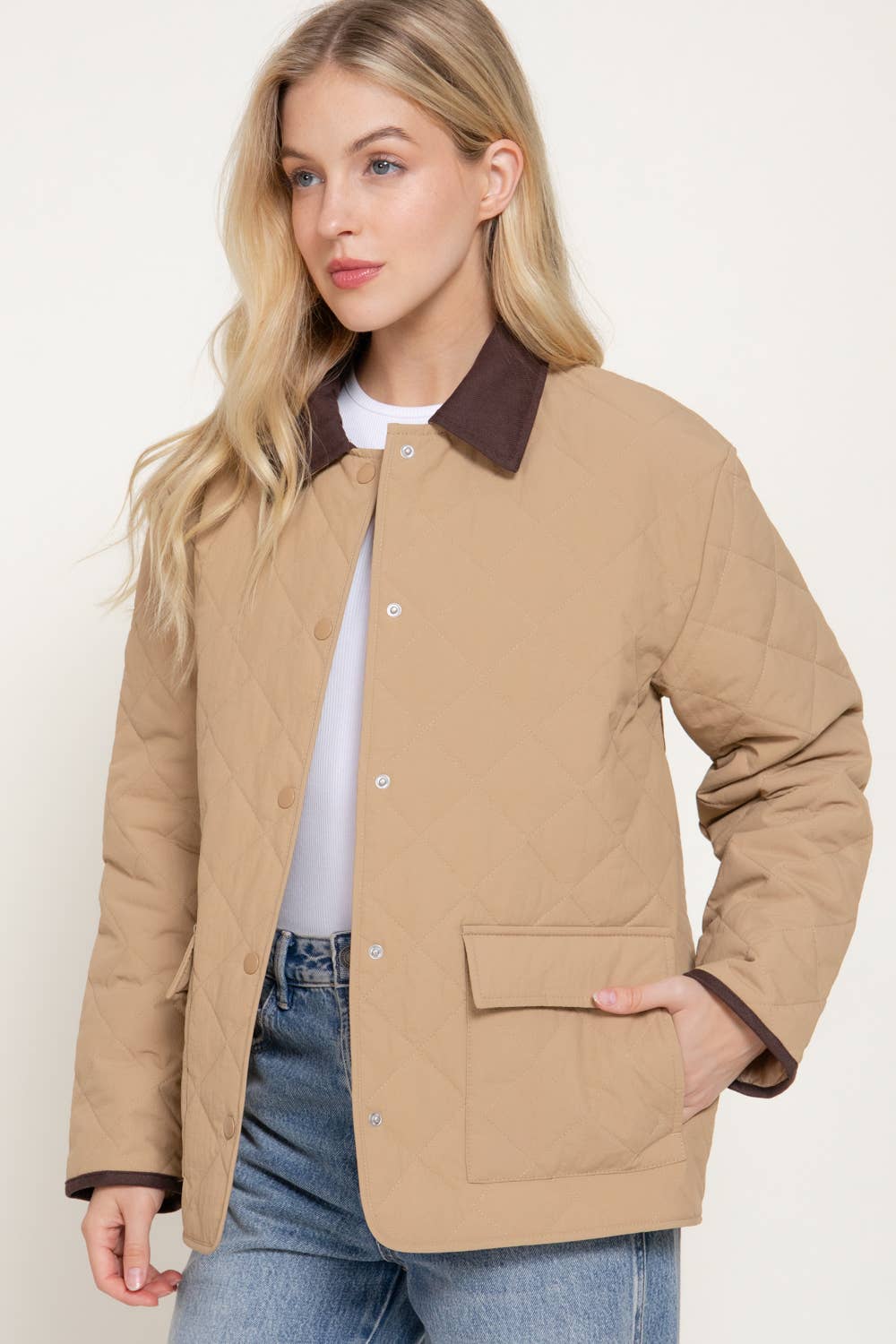 Dark Beige Lapel Collar Quilted Puffer Jacket