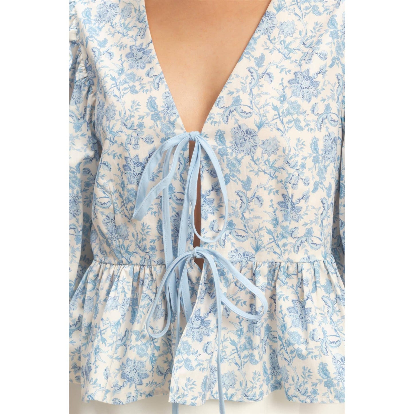 Blue Floral Tie-Front Peplum Top