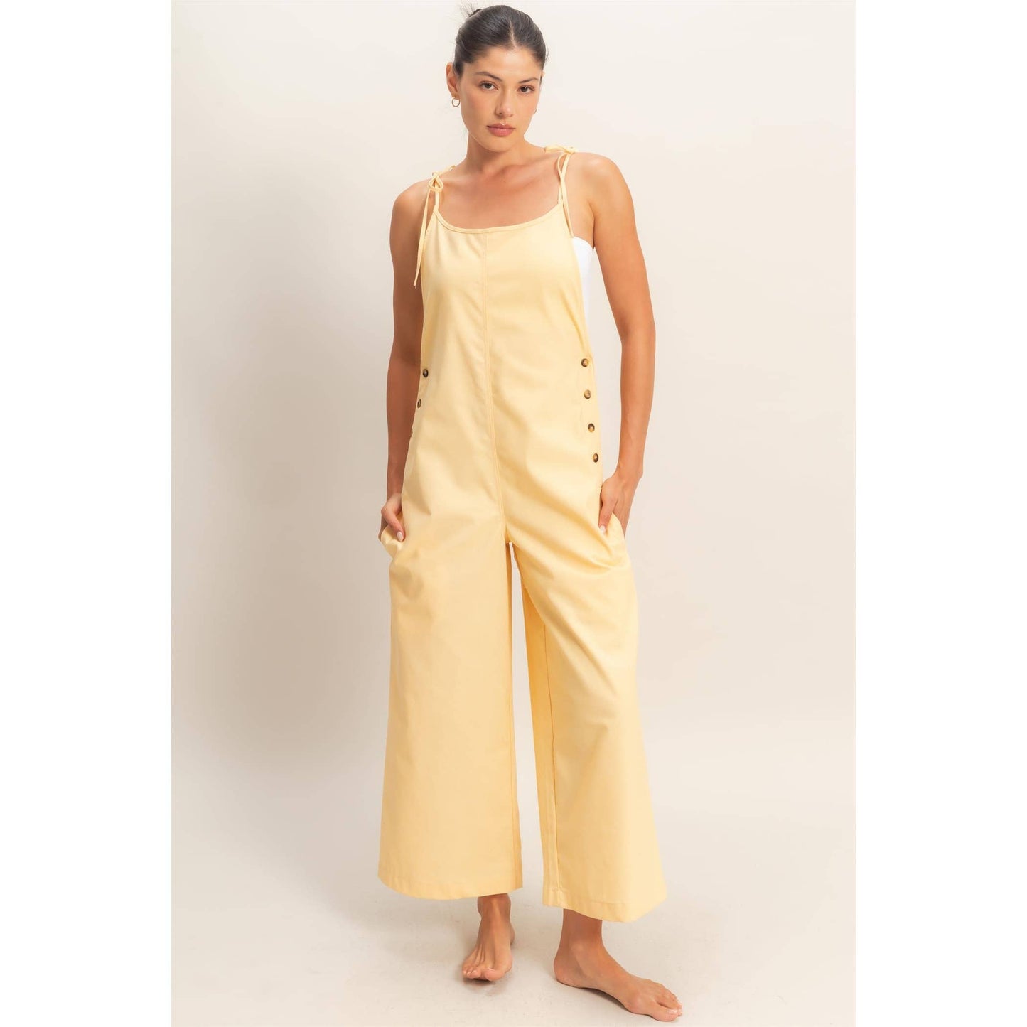 Butter Yellow Adjustable Button Strap Jumpsuit