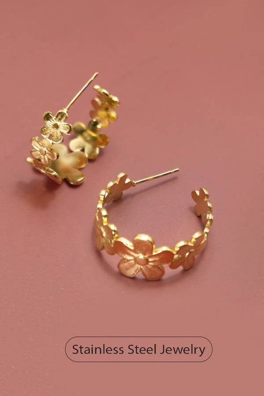 Flower Pattern Gold Hoop Earrings