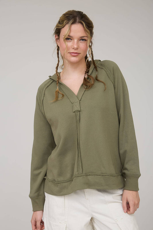Hooded V-Neck Raw Edge Knit Top