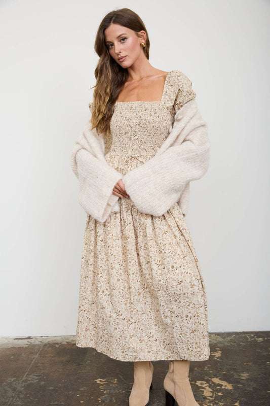 Light Khaki Floral Smocked Puff Sleeve Midi Dress
