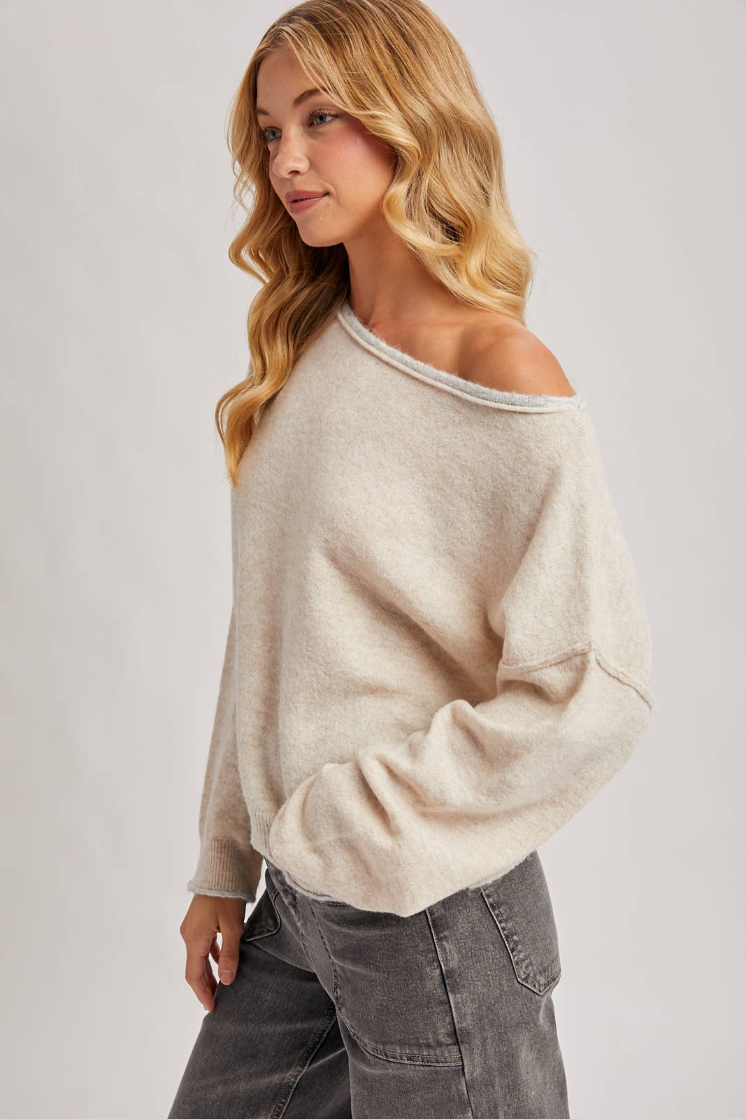 Oatmeal Boat Neck Rolled Trim Heathered Sweater