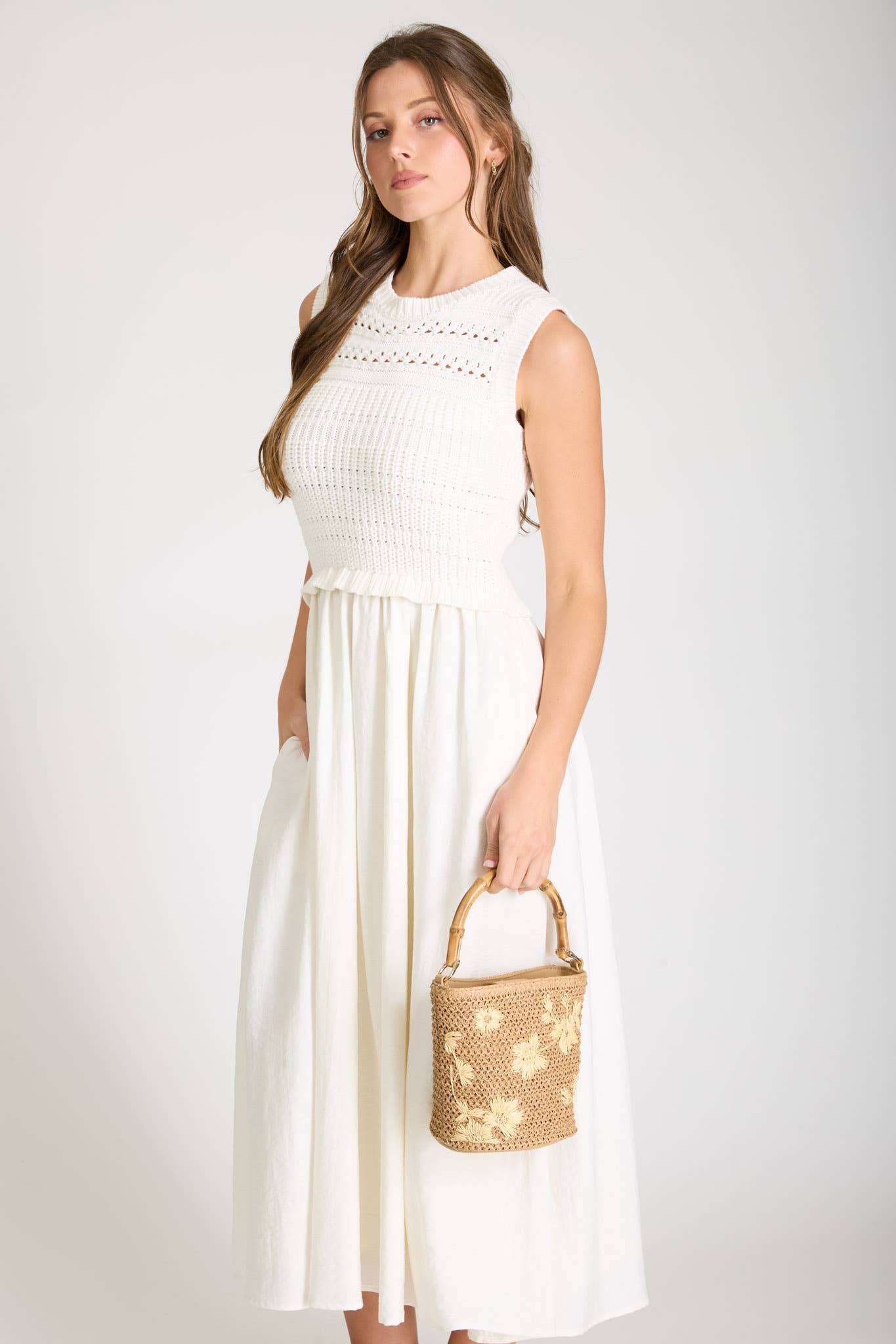Cream Mix Media Sleeveless Midi Dress