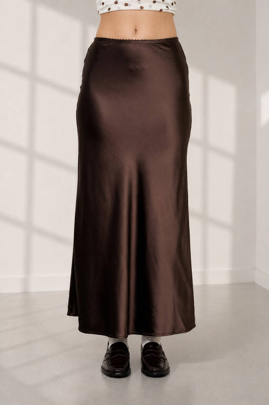 Dark Brown Satin Slip Midi Skirt