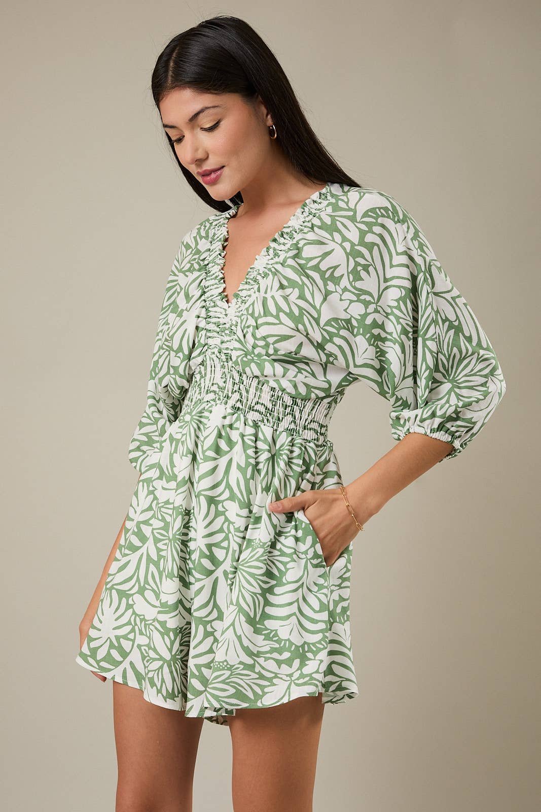 V-Neck Kimono Sleeve Floral Leaf Romper
