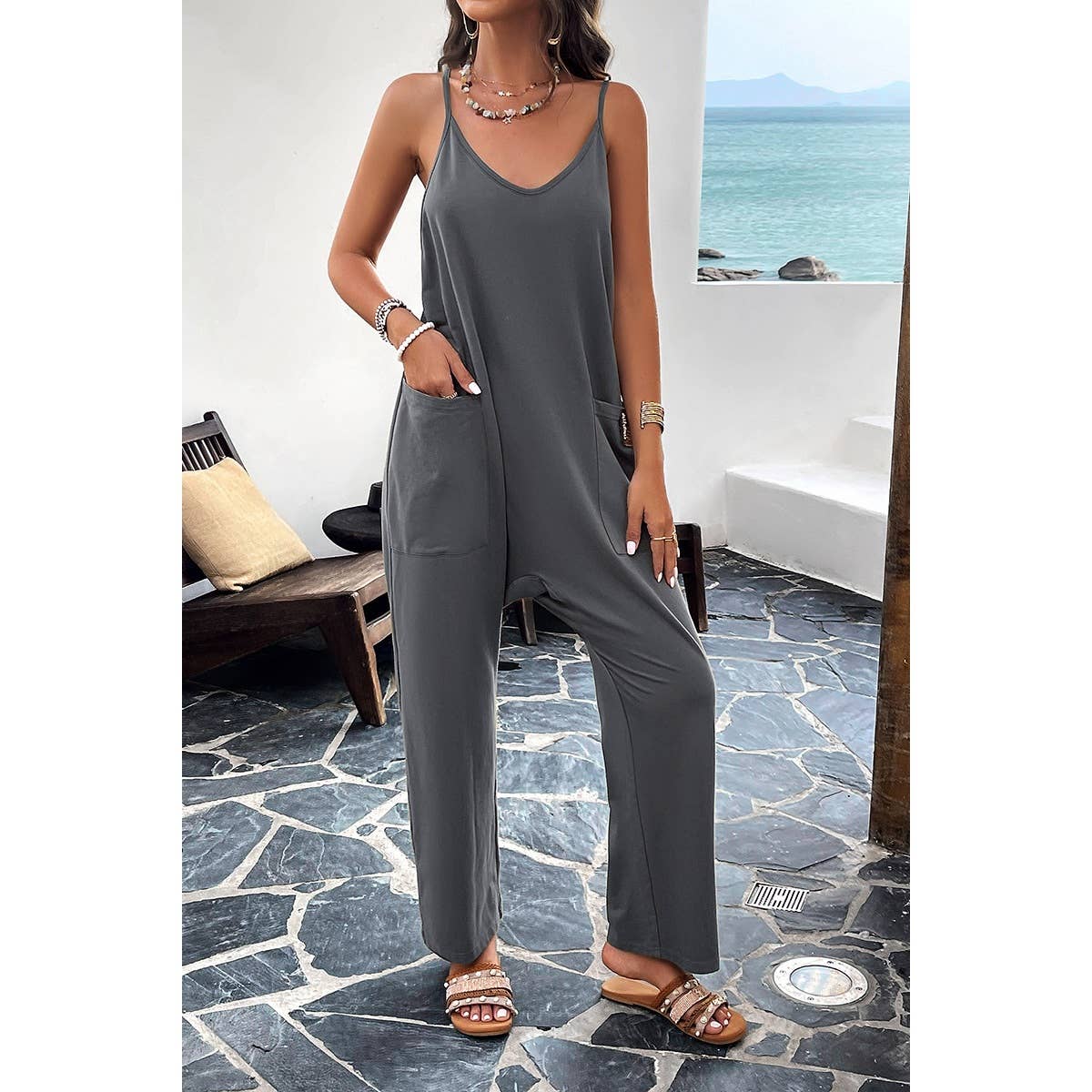 Pocketed Spaghetti Strap Loose Sleeveless Jumpsuit