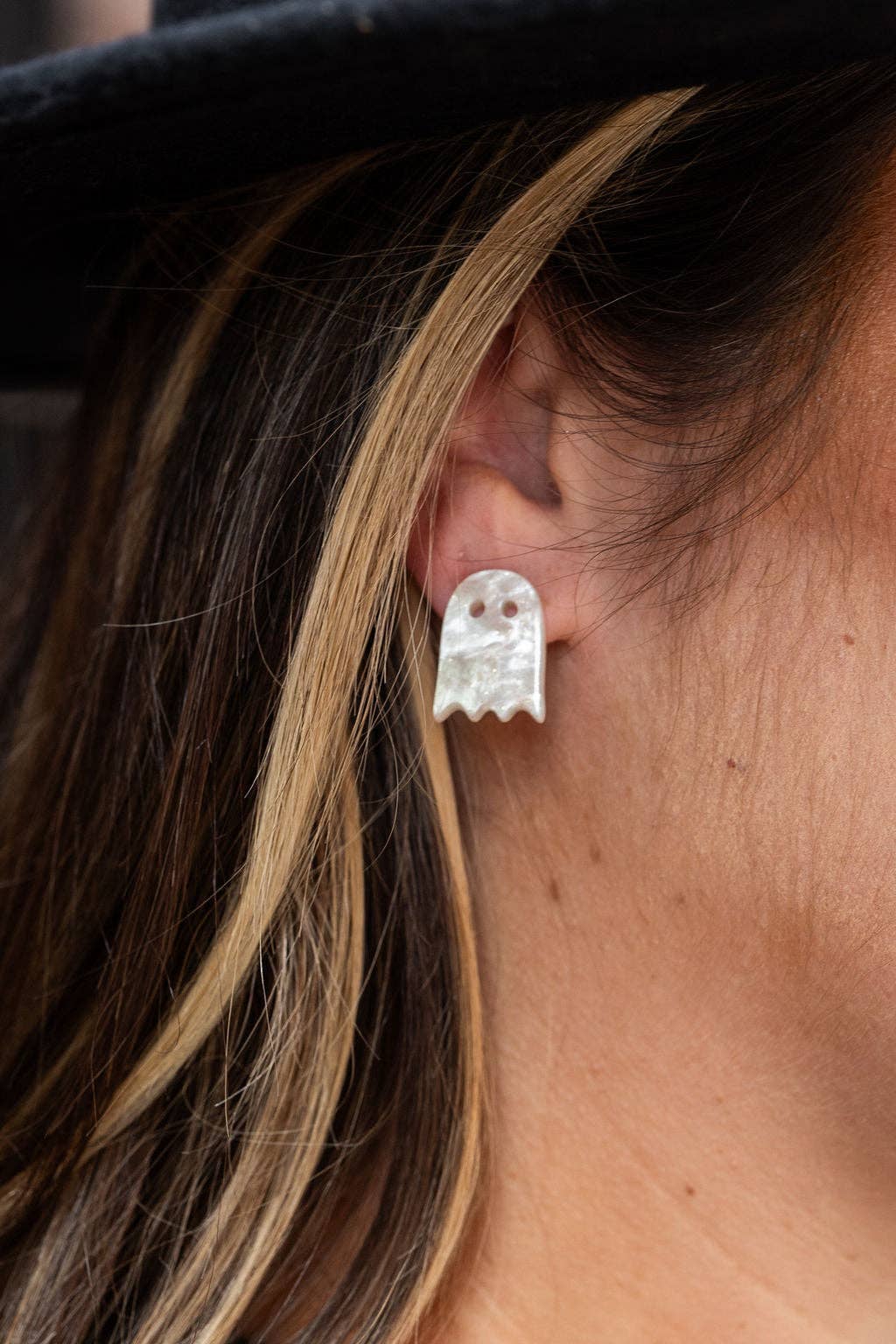 White Shimmer Ghost Stud Earrings